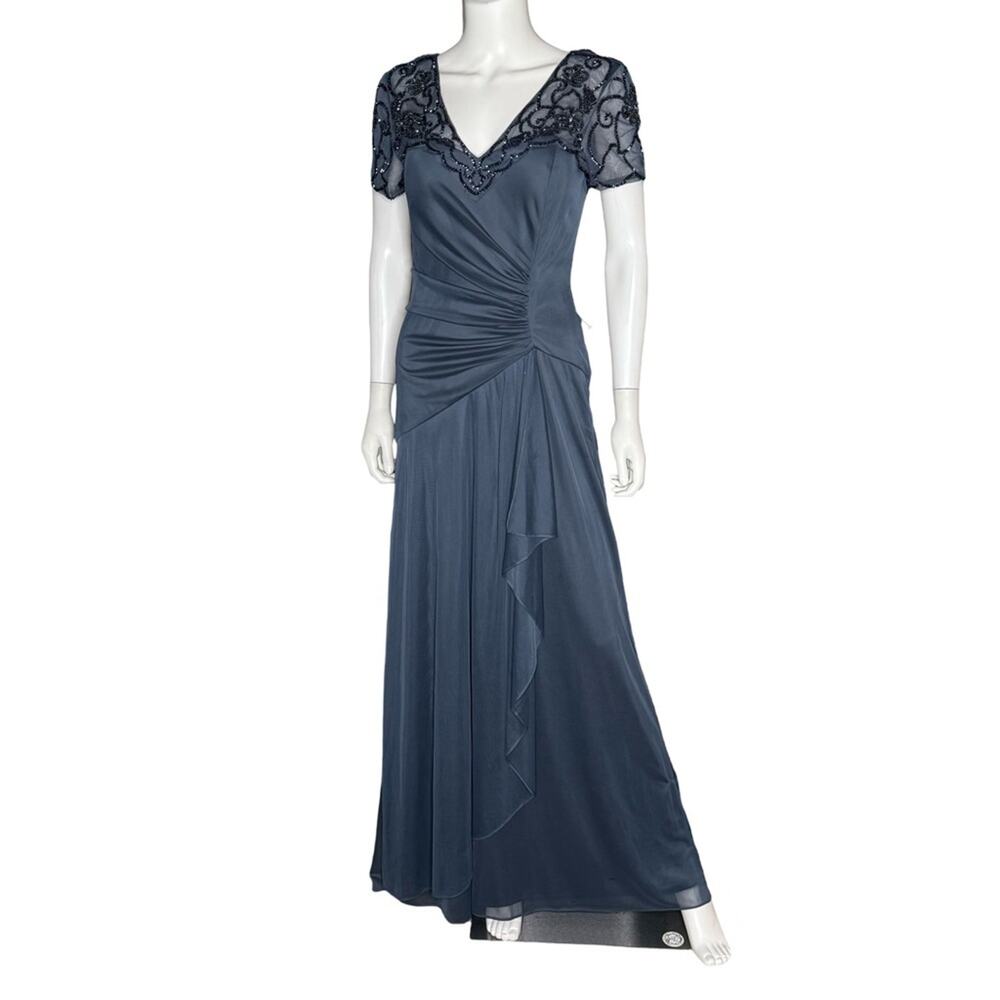 XSCAPE Beaded Illusion-Trim Side-Ruched Gown Charcoal Women’s NWT - Picture 3 of 14